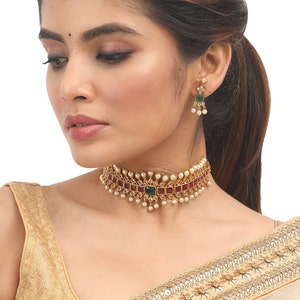 Tarinika Samiha Antique Gold-Plated Traditional Choker Set - White Red Green -- For Women and Girls