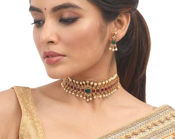 Tarinika Samiha Antique Gold-Plated Traditional Choker Set - White Red Green -- For Women and Girls