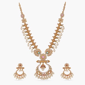 Tarinika Anu Antique Gold Plated Short Necklace & Chandbali Earring Indian Jewelry Set South Indian Temple Jewelry Set Gift For Her image 4