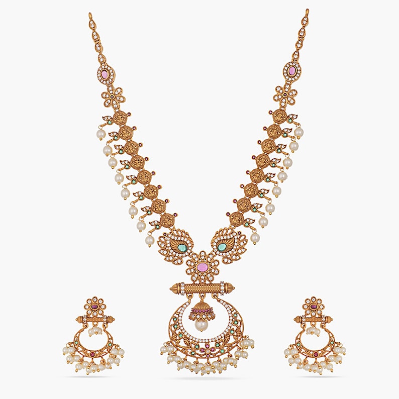 Tarinika Anu Antique Gold Plated Short Necklace & Chandbali Earring Indian Jewelry Set South Indian Temple Jewelry Set Gift For Her image 4