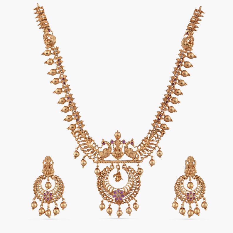 Tarinika Kanti Antique Gold Plated Short Necklace & Chandbali Earring Indian Jewelry Set South Indian Temple Jewelry Set Gift For Her White Red