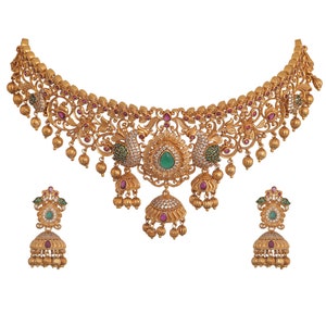 Tarinika Navita Gold-Plated Choker Necklace & Jhumka Earring Indian Jewelry Set South Indian Temple Jewelry Wedding Gift For Her image 3