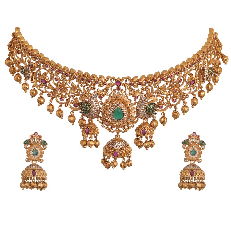 Tarinika Navita Gold-Plated Choker Necklace & Jhumka Earring Indian Jewelry Set South Indian Temple Jewelry Wedding Gift For Her image 3