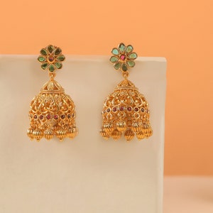 Tarinika Sagari Floral Antique Gold Plated Jhumka Earring With Cubic Zirconia CZ | Indian Earrings Set | Indian Jewelry |  Gift For Her