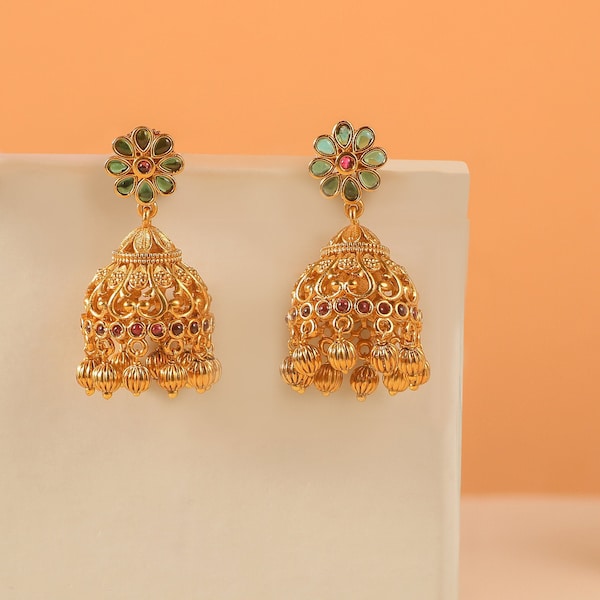 Tarinika Sagari Floral Antique Gold Plated Jhumka Earring With Cubic Zirconia CZ | Indian Earrings Set | Indian Jewelry |  Gift For Her