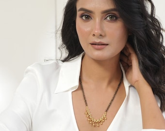 Tarinika Azba Peacock Antique Gold Plated Long Mangalsutra With Kempu Stones | Black Bead Necklace | Indian Jewelry Set | Gift For Her