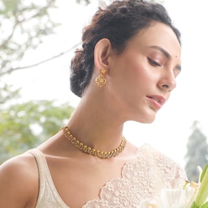 Tarinika Fleur Antique Gold Plated Short Necklace  & Drop Earring Indian Jewelry Set | South Indian Temple Jewelry Set |  Gift For Her