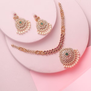 Tarinika Latika Antique Gold Plated Short Necklace  & Chandbali Earring Indian Jewelry Set | South Indian Temple Jewelry Set |  Gift For Her