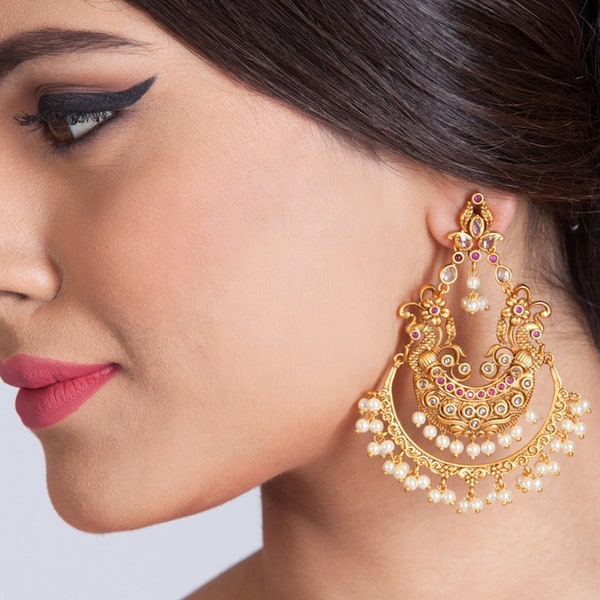 Tarinika Ruchir Peacock Antique Gold Plated Chandbali Earring With Cubic Zirconia CZ & Pearl | Hoop Indian Earring Set | Gift For Her