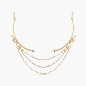 May include: A gold necklace with a delicate, curved design and a cascading row of pearls. The necklace features small, pink and turquoise enamel flowers.