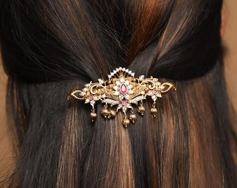 Tarinika Rizvi Antique Gold Plated Hair Clipwith Cubic Zirconia CZ | Indian Jewelry | Handmade South Indian Jewelry |  Gift For Her