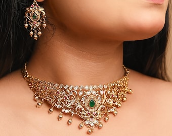Tarinika Miah Gold-Plated Choker Necklace & Jhumka Earring Indian Jewelry Set | Handmade South Indian Temple Jewelry | Wedding Gift For Her