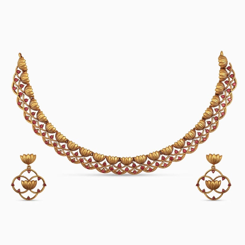 Tarinika Fleur Antique Gold Plated Short Necklace & Drop Earring Indian Jewelry Set South Indian Temple Jewelry Set Gift For Her Red