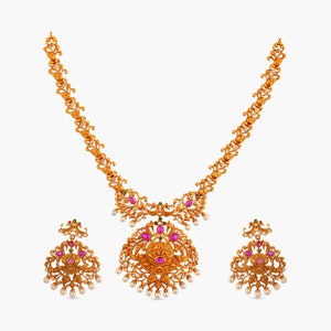 Tarinika Saroja Antique Gold Plated Short Necklace & Drop Earring Indian Jewelry Set South Indian Temple Jewelry Set Gift For Her White Red Green