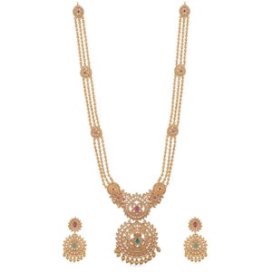 Tarinika Binal Antique Gold Plated Long Necklace & Drop Earring Indian Jewelry Set With CZ South Indian Temple Jewelry Set Gift For Her White Red Green