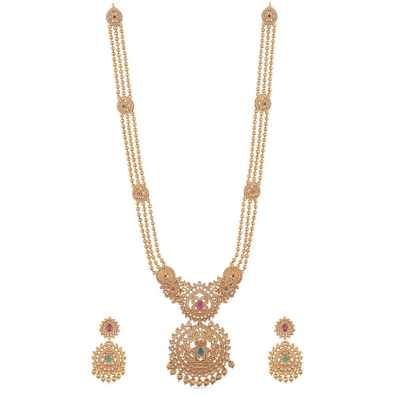 Tarinika Binal Antique Gold Plated Long Necklace & Drop Earring Indian Jewelry Set With CZ South Indian Temple Jewelry Set Gift For Her White Red Green