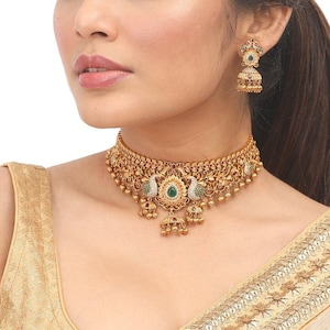 Tarinika Navita Gold-Plated Choker Necklace & Jhumka Earring Indian Jewelry Set South Indian Temple Jewelry Wedding Gift For Her image 1