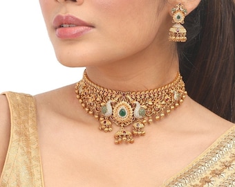 Tarinika Navita Gold-Plated Choker Necklace & Jhumka Earring Indian Jewelry Set | South Indian Temple Jewelry | Wedding Gift For Her