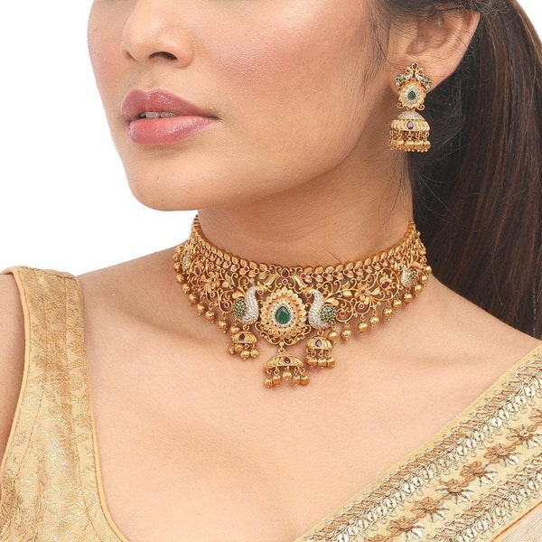 Tarinika Navita Gold-Plated Choker Necklace & Jhumka Earring Indian Jewelry Set | South Indian Temple Jewelry | Wedding Gift For Her
