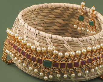 TARINIKA Antique Gold Choker Set For Women & Girls - CZ Stone Necklace & Earrings Set (White Red) - View #2