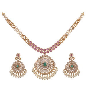 Tarinika Latika Antique Gold Plated Short Necklace & Chandbali Earring Indian Jewelry Set South Indian Temple Jewelry Set Gift For Her image 2