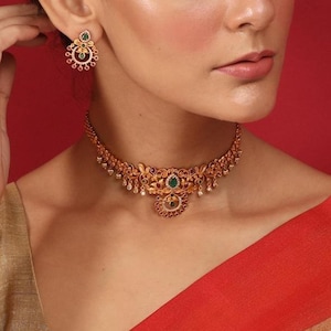 Tarinika  Gold-Plated Choker Necklace & Drop Earring Indian Jewelry Set | Handmade South Indian Temple Jewelry | Wedding Gift For Her