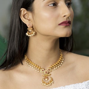 Tarinika Anu Antique Gold Plated Short Necklace  & Chandbali Earring Indian Jewelry Set | South Indian Temple Jewelry Set |  Gift For Her