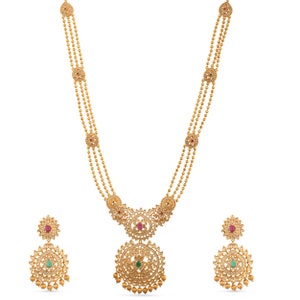 Tarinika Binal Antique Gold Plated Long Necklace & Drop Earring Indian Jewelry Set With CZ South Indian Temple Jewelry Set Gift For Her image 6