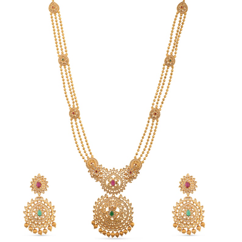 Tarinika Binal Antique Gold Plated Long Necklace & Drop Earring Indian Jewelry Set With CZ South Indian Temple Jewelry Set Gift For Her image 6