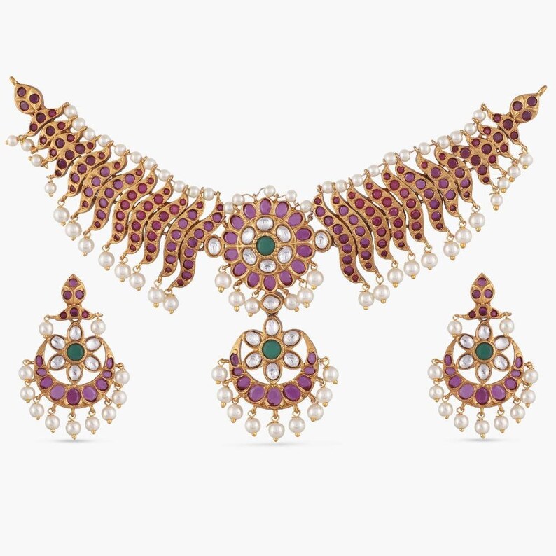 Tarinika Yami Gold-Plated Choker Necklace & Chandbali Earring Indian Jewelry Set South Indian Temple Jewelry Wedding Gift For Her White Red Green