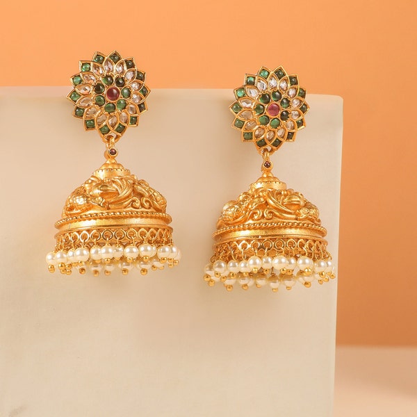 Tarinika Haar Peacock Antique Gold Plated Jhumka Earring With Cubic Zirconia CZ | Indian Earrings Set | Indian Jewelry |  Gift For Her