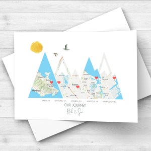 Individuelle Reisekarte, personalisierte Abenteuerkarte für Paare, Adventskalender Zusammen Geschenk für Reisende, Bergkarte besonderer Orte