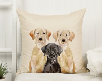 Labrador Retriever Gifts, Pet Portrait Throw Pillow, Gift for Lab owners, Yellow Labs & Black Labrador Art