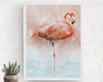 Pink Flamingo Watercolor Print, Beach House Coastal Wall Art