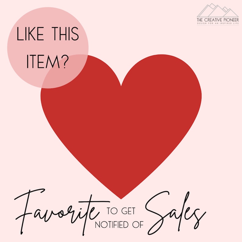 May include: Pink background with a red heart and the text "Like this item?" in a pink circle. Below the heart is the text "Favorite to get notified of sales".