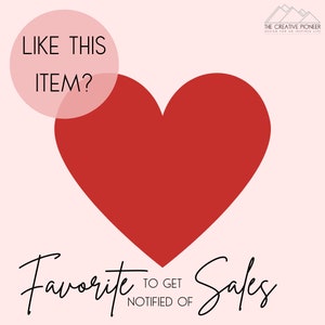 May include: Pink background with a red heart and the text "Like this item?" in a pink circle. Below the heart is the text "Favorite to get notified of sales".