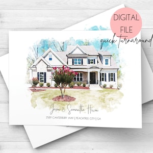 May include: A watercolor illustration of a two-story house with a white exterior and a brown roof. The house has a front porch with a white railing and a green lawn with a pink flowering tree. The text "Jason & Samantha Hisen 2589 CANTERBURY WAY | PEACHTREE CITY | GA" is printed below the house.