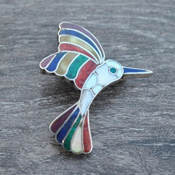 1 1/2″ Hummingbird Brooch & Pendant | 950 Silver | Inlaid with Lapis Lazuli, Chrysocolla and Shells | Inca Jewelry | Made in Cuzco