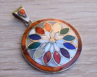 1 3/8″ Floral Wheel Pendant | Unique Piece | 950 Silver Inlaid with Semi-Precious Stones and Shells | Artisan Jewelry from the Andes