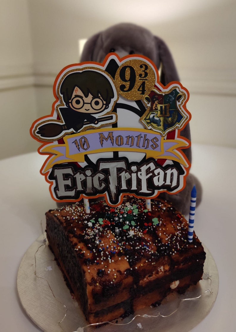 May include: A chocolate cake with sprinkles and a Harry Potter themed topper. The topper features a cartoon of Harry Potter on a broomstick, a Hogwarts house crest, and the text "10 Months Eric Trifan".