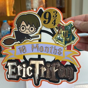 May include: A Harry Potter themed cake topper with a cartoon image of Harry Potter on a broomstick, a Hogwarts house crest, and the text "9 3/4", "10 Months", and "Eric Trifan".