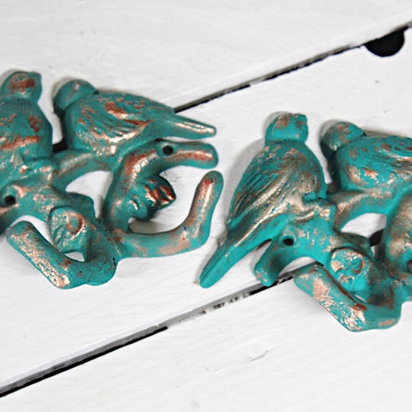 Copper Verdigris Bird Hook, Double Wall Hook, Nursery Wall Storage, Rustic Wall Hooks