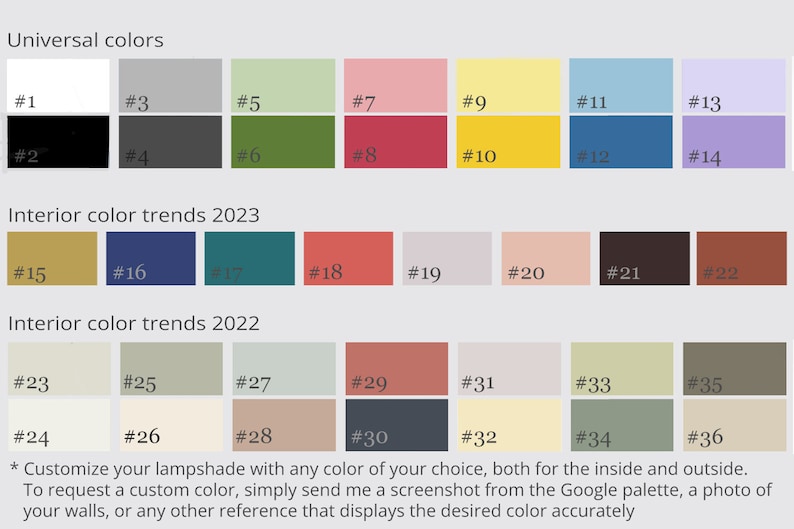 May include: A color palette chart with 36 different colors, labeled with numbers 1 through 36. The colors are organized into three categories: Universal Colors, Interior Color Trends 2023, and Interior Color Trends 2022.