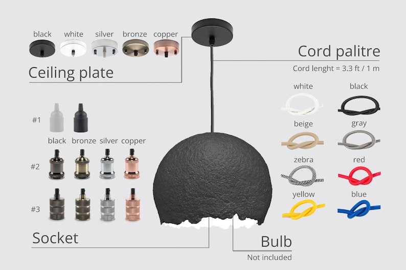 May include: A black pendant light with a round, textured shade. The light has a black cord and a ceiling plate with options for black, white, silver, bronze, and copper finishes. The cord is available in a variety of colors, including white, black, beige, gray, zebra, red, yellow, and blue. The cord length is 3.3 feet or 1 meter. The bulb is not included.