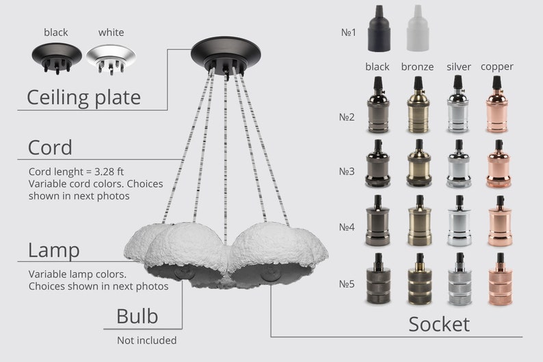 May include: A three-light pendant lamp with white fabric shades. The lamp has a black ceiling plate and a cord that is 3.28 feet long. The lamp comes with a choice of five different socket colors: black, bronze, silver, and copper. The bulb is not included.