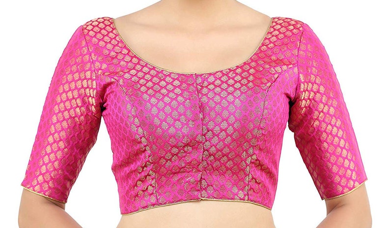 Pink Banaras Brocade Art Silk New Designer Stitched Readymade Blouse Saree Choli Top Tunic Sari Blouse For Bridal Wedding Wear Blouse
