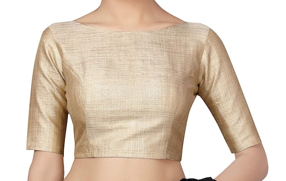 Golden Art Silk Elbow Length Lace Sleeves New Indian Designer Readymade Blouse For Women Wedding Wear Saree Choli Top Tunic SariBlouse