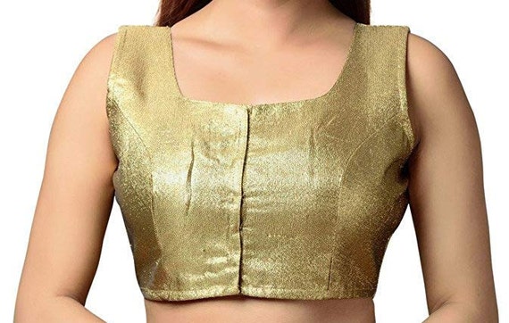 Golden Art Silk Elbow Length Lace Sleeves New Indian Designer Readymade Blouse For Women Wedding Wear Saree Choli Top Tunic SariBlouse