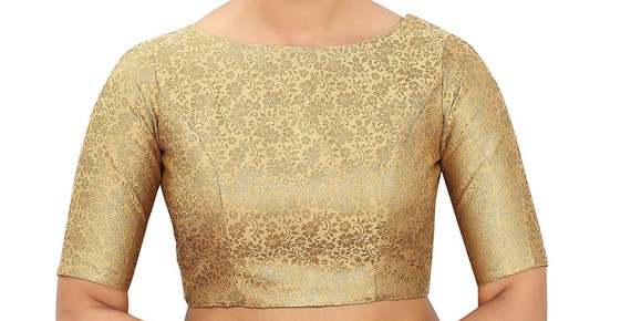 Golden Art Silk Elbow Length Lace Sleeves New Indian Designer Readymade Blouse For Women Wedding Wear Saree Choli Top Tunic SariBlouse