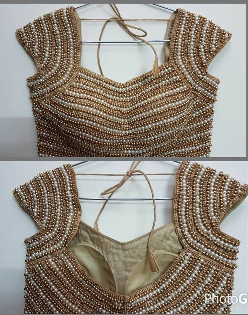 Golden Readymade Choli Stitched Top Saree Wedding Party Wear Art Silk Pearl Beaded Work Blouse Marriage Tunic Sari for Women